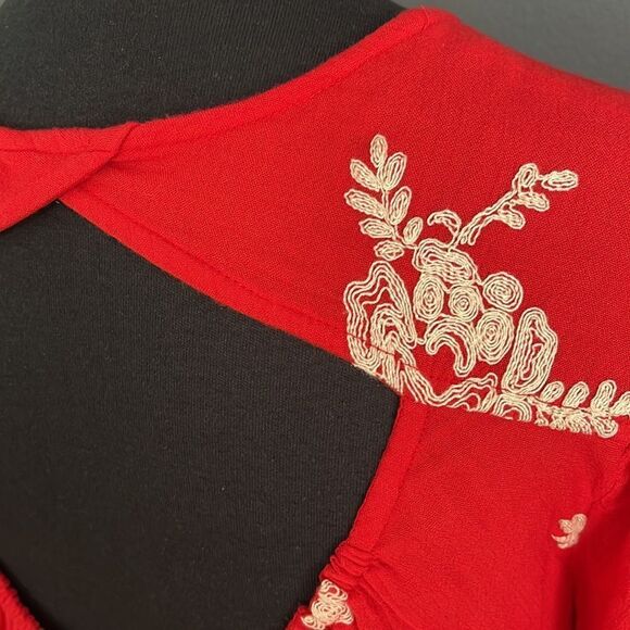 Free People Emma red/orange white embroidered floral accent open back guaze mini - Picture 7 of 8